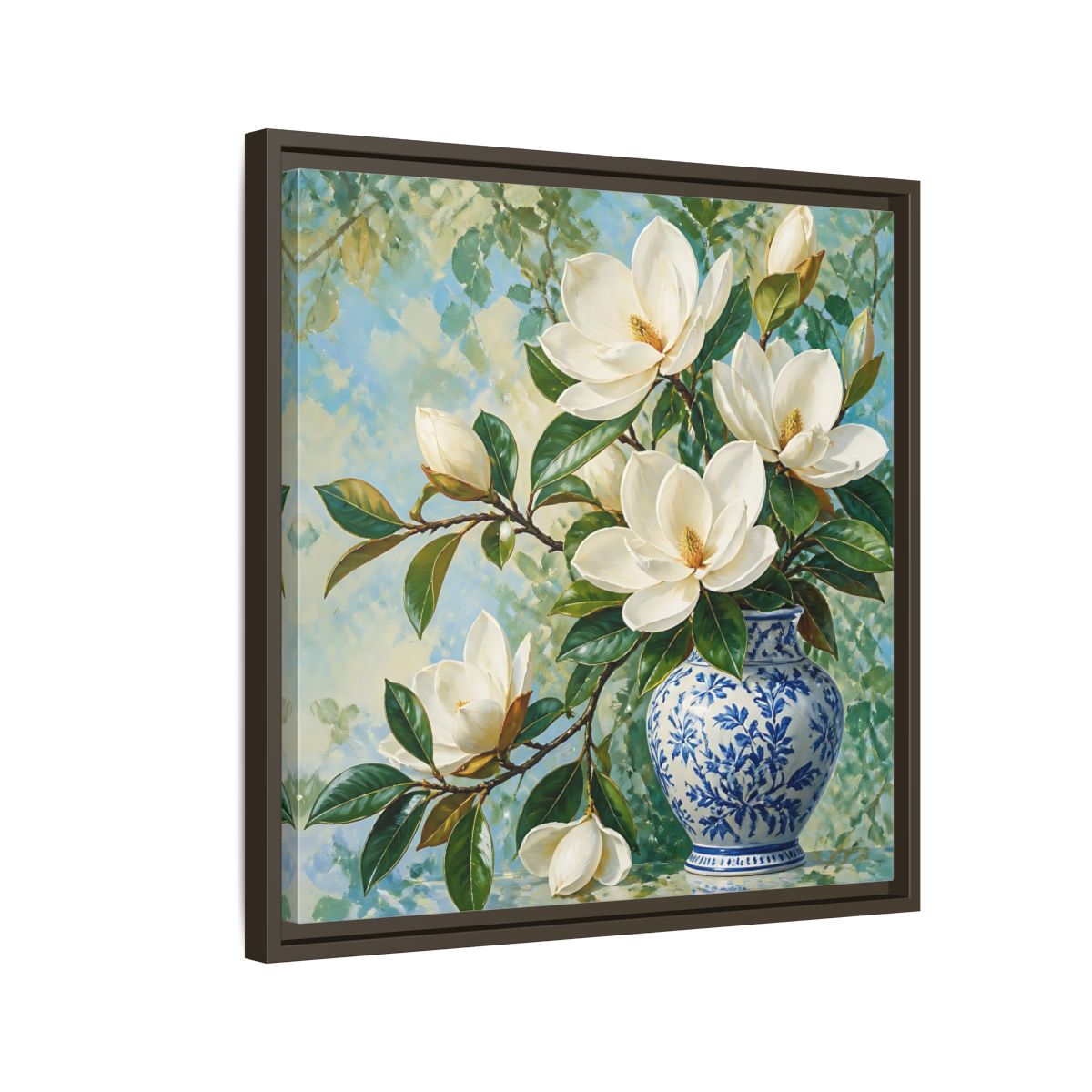 Side Mockup 11. Floral Magnolia Flowers White Blue Floral shown as stretched canvas wall art