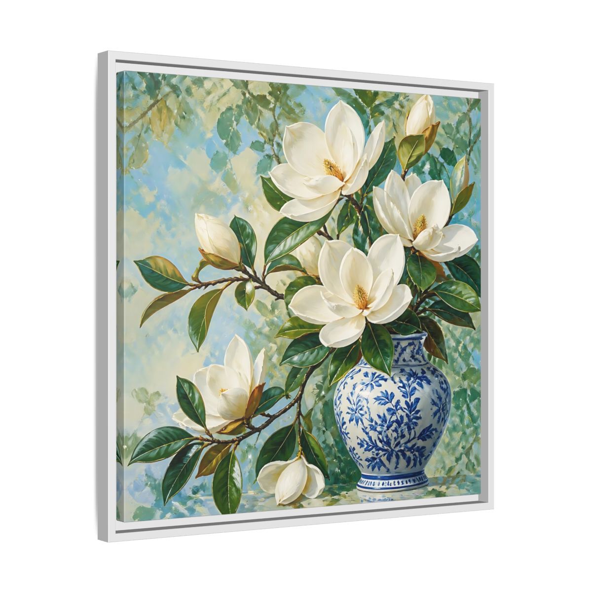Side Mockup 26. Floral Magnolia Flowers White Blue Floral shown as stretched canvas wall art