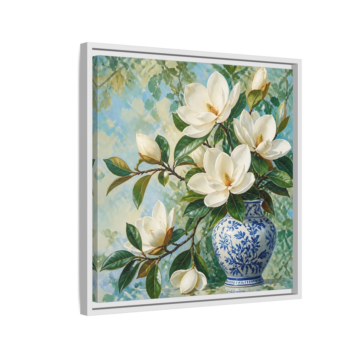 Side Mockup 10. Floral Magnolia Flowers White Blue Floral shown as stretched canvas wall art