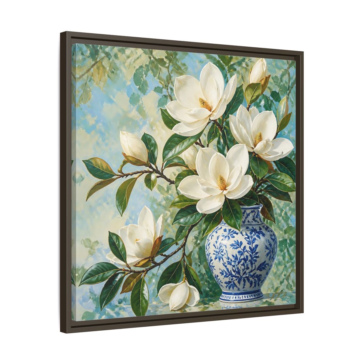 Side Mockup 27. Floral Magnolia Flowers White Blue Floral shown as stretched canvas wall art