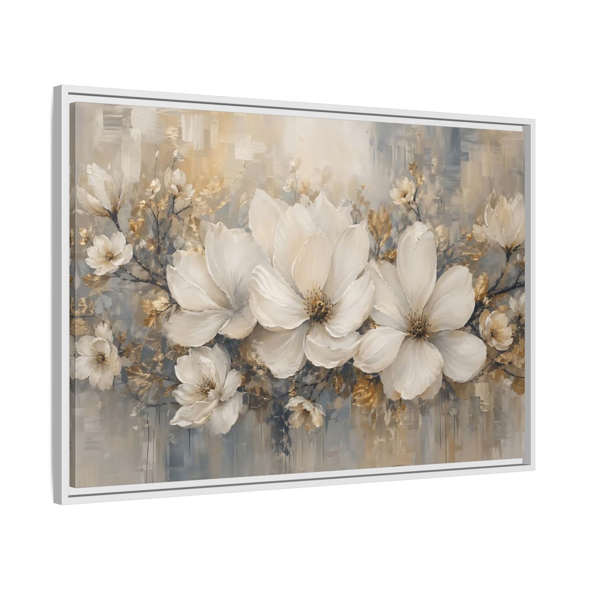 Side Mockup 9. Floral Magnolia Flowers White Gold Grey shown as stretched canvas wall art
