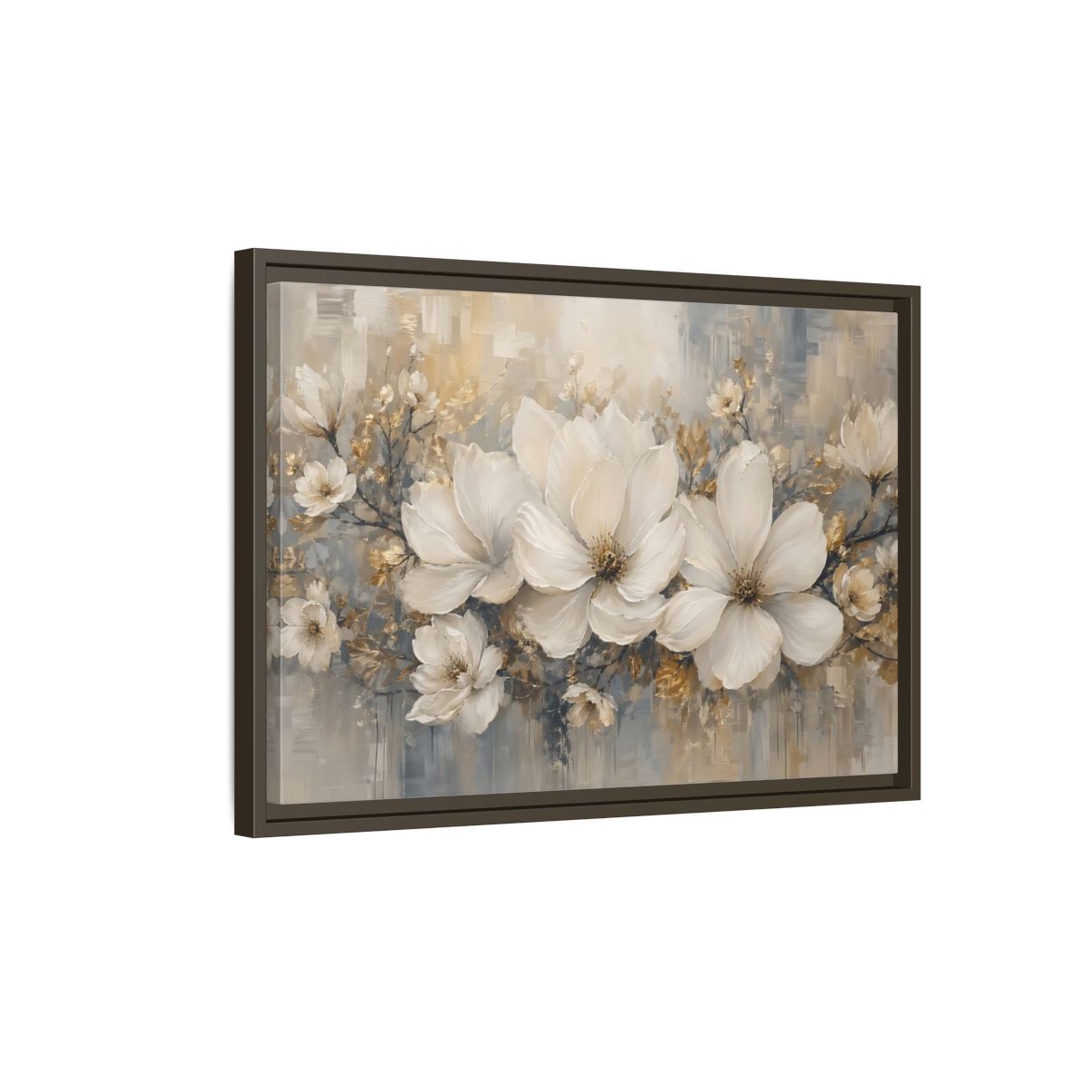 Side Mockup 2. Floral Magnolia Flowers White Gold Grey shown as stretched canvas wall art
