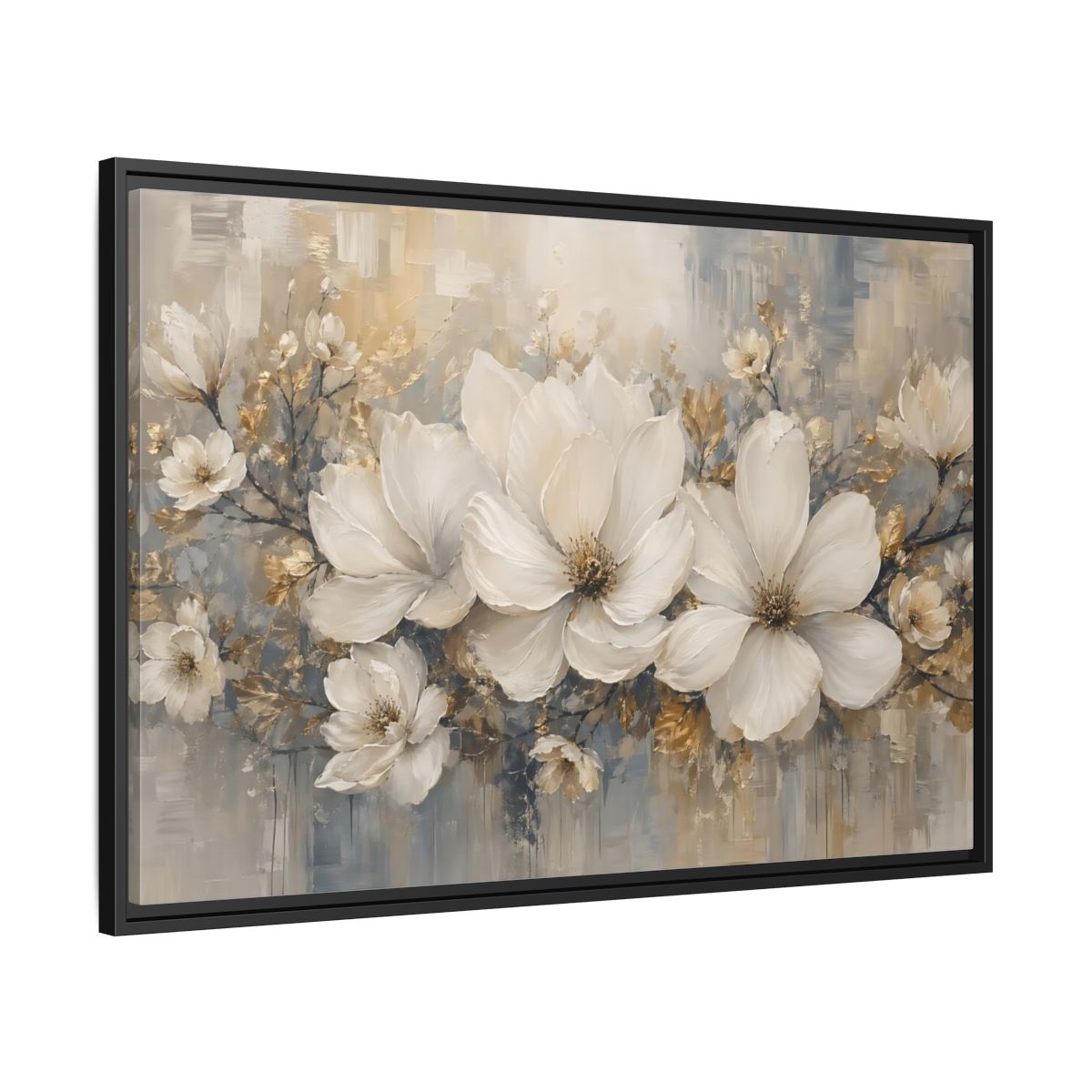 Side Mockup 13. Floral Magnolia Flowers White Gold Grey shown as stretched canvas wall art