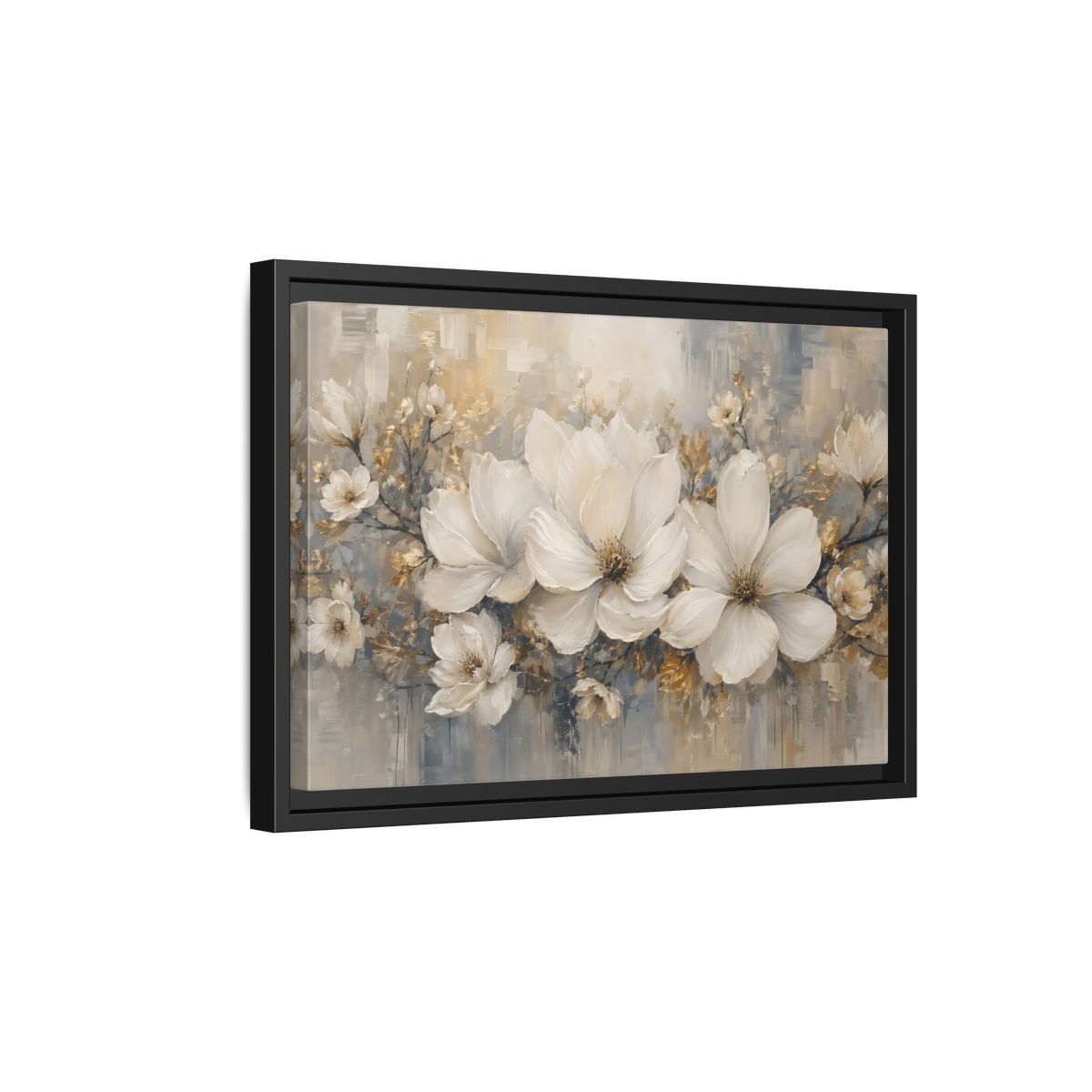 Side Mockup 6. Floral Magnolia Flowers White Gold Grey shown as stretched canvas wall art