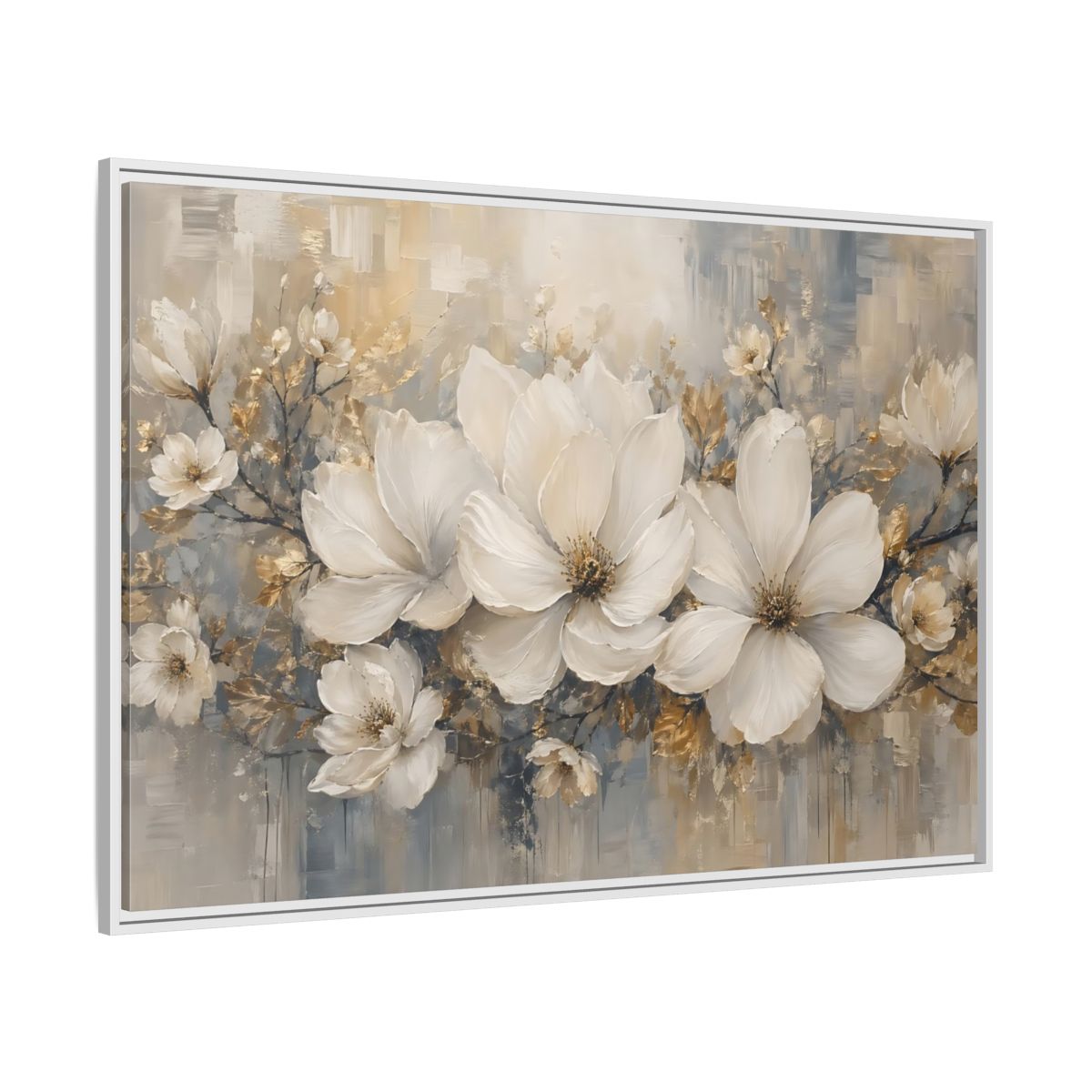 Side Mockup 7. Floral Magnolia Flowers White Gold Grey shown as stretched canvas wall art