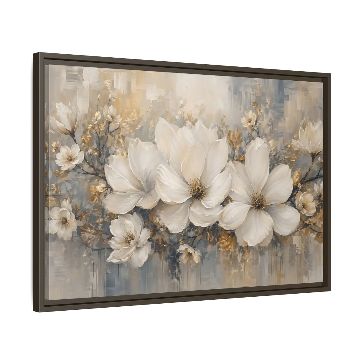 Side Mockup 11. Floral Magnolia Flowers White Gold Grey shown as stretched canvas wall art