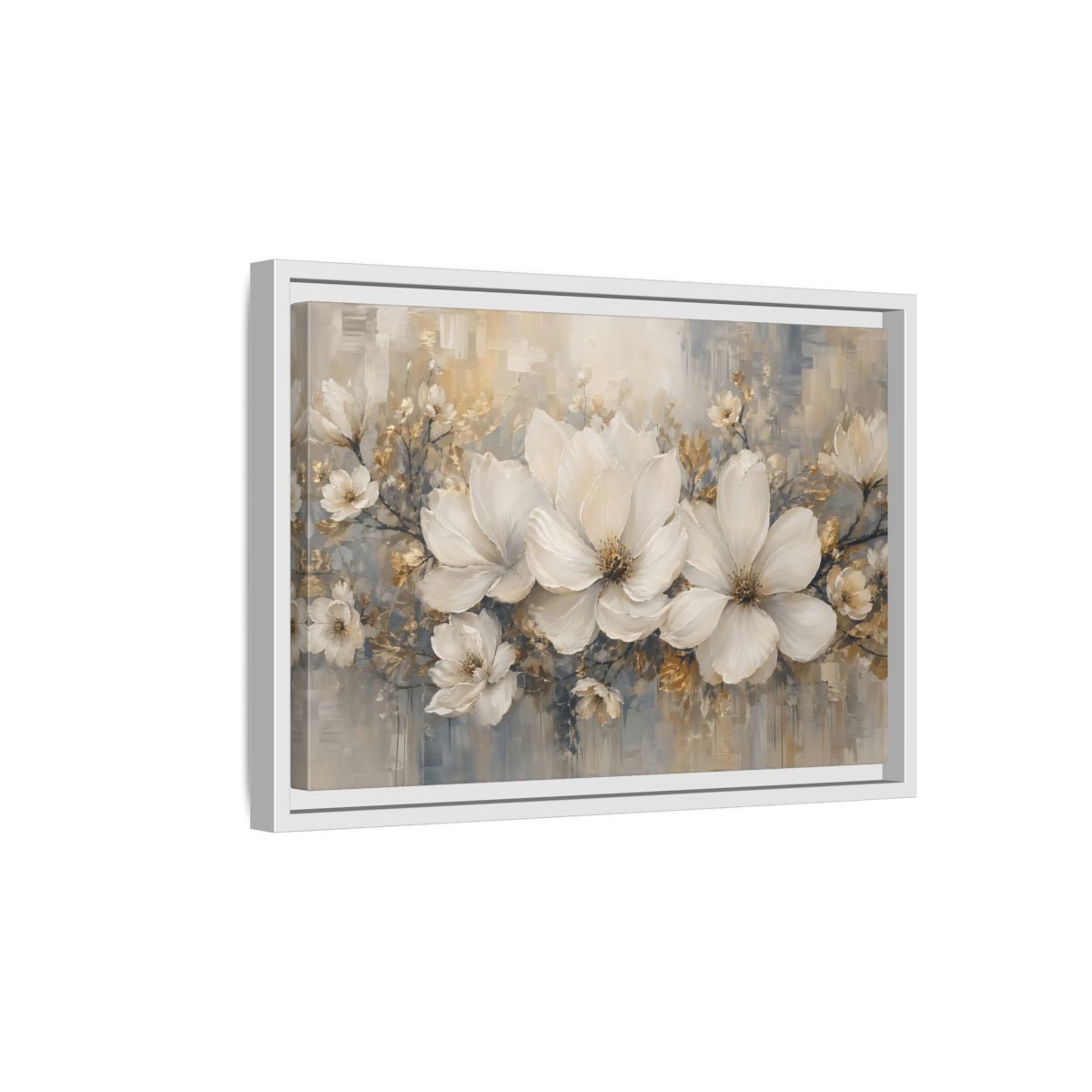 Side Mockup 4. Floral Magnolia Flowers White Gold Grey shown as stretched canvas wall art