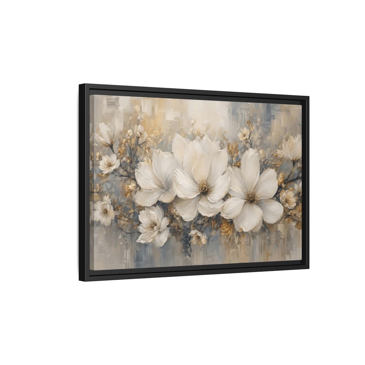 Side Mockup 3. Floral Magnolia Flowers White Gold Grey shown as stretched canvas wall art