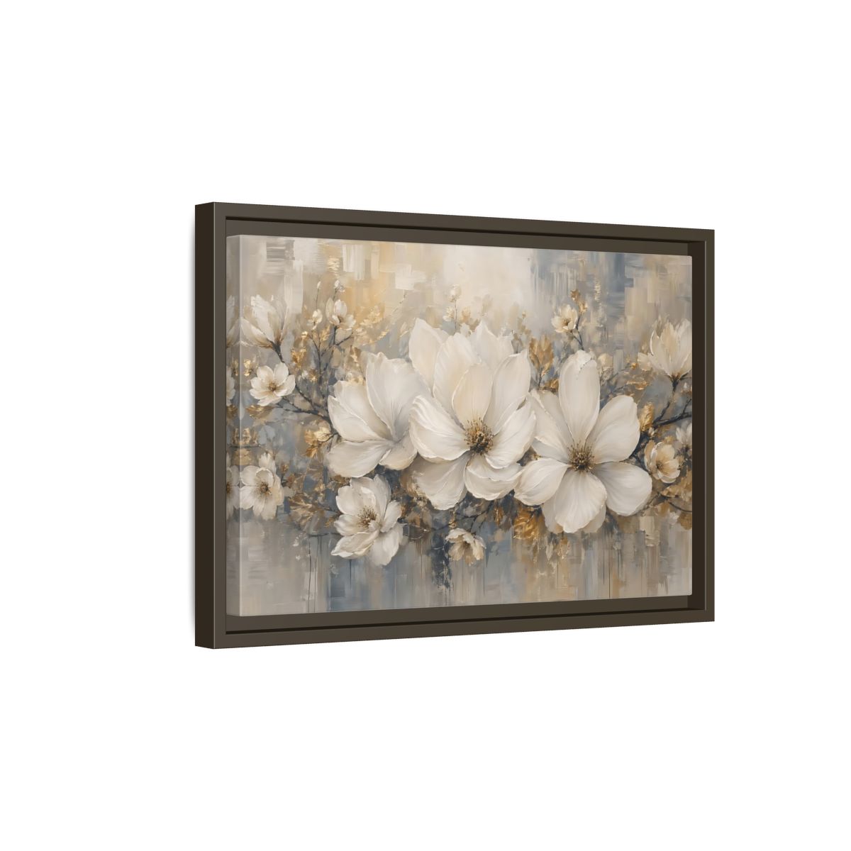 Side Mockup 5. Floral Magnolia Flowers White Gold Grey shown as stretched canvas wall art