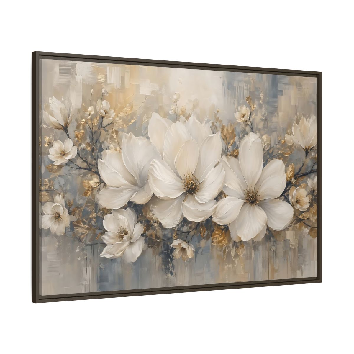 Side Mockup 8. Floral Magnolia Flowers White Gold Grey shown as stretched canvas wall art