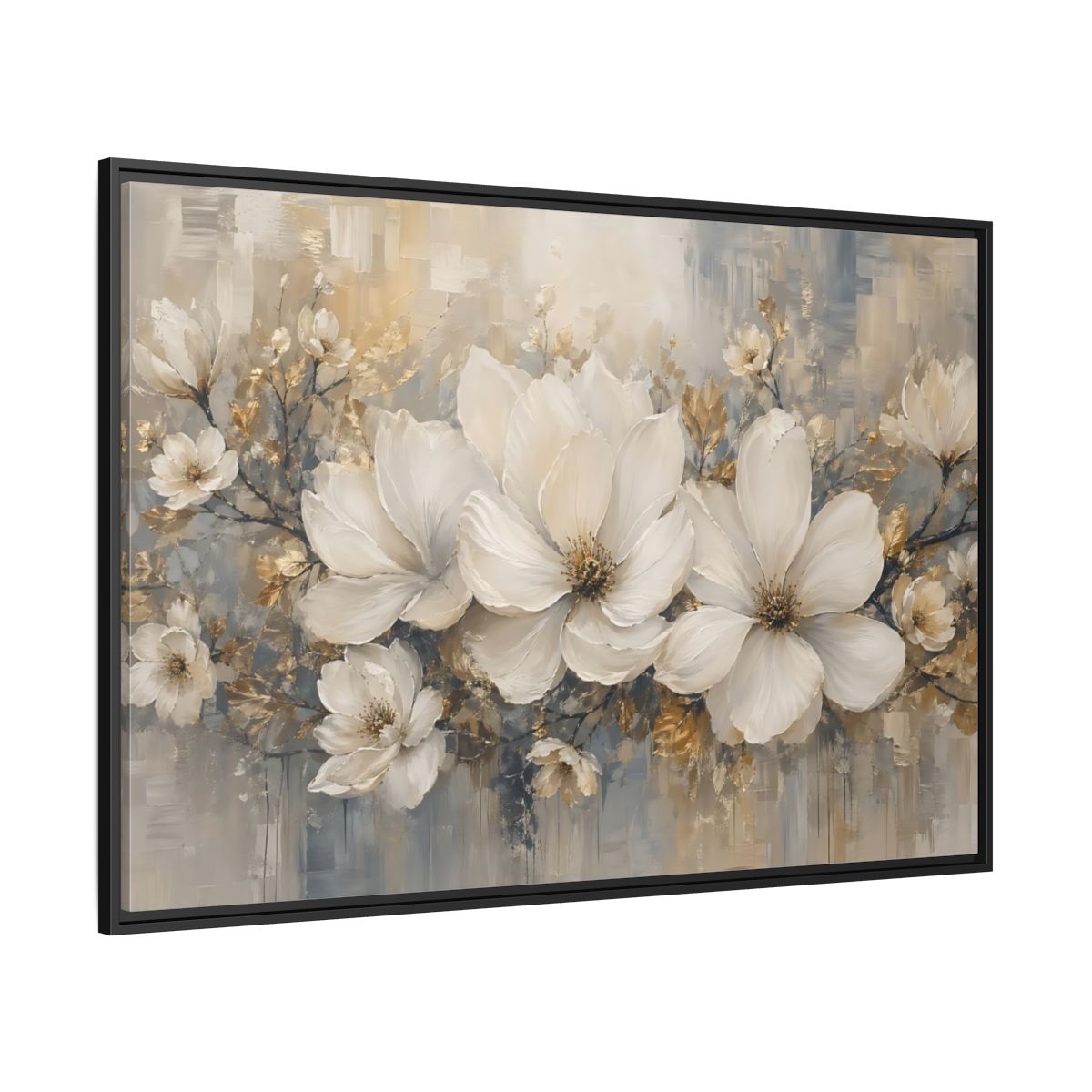 Side Mockup 12. Floral Magnolia Flowers White Gold Grey shown as stretched canvas wall art