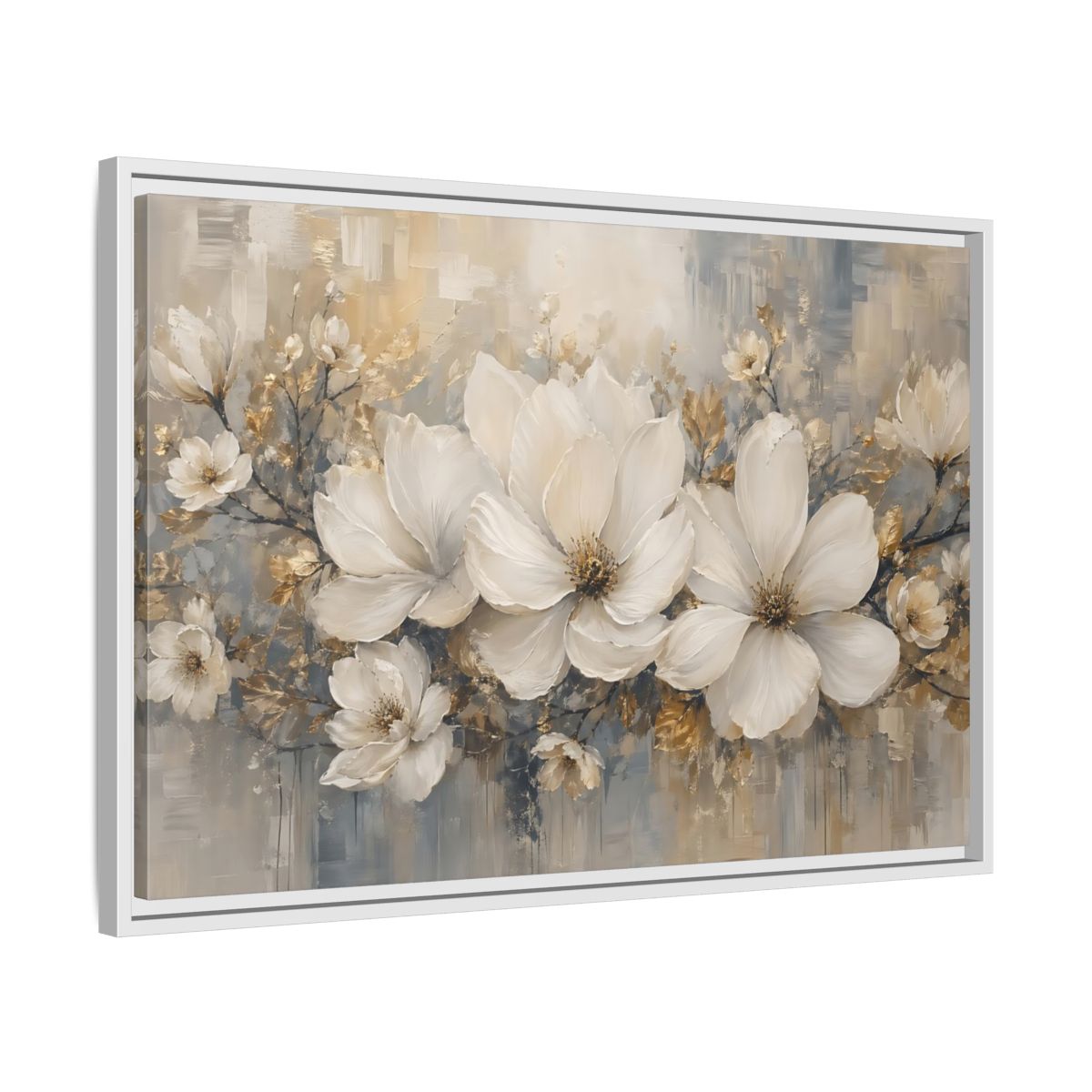 Side Mockup 10. Floral Magnolia Flowers White Gold Grey shown as stretched canvas wall art
