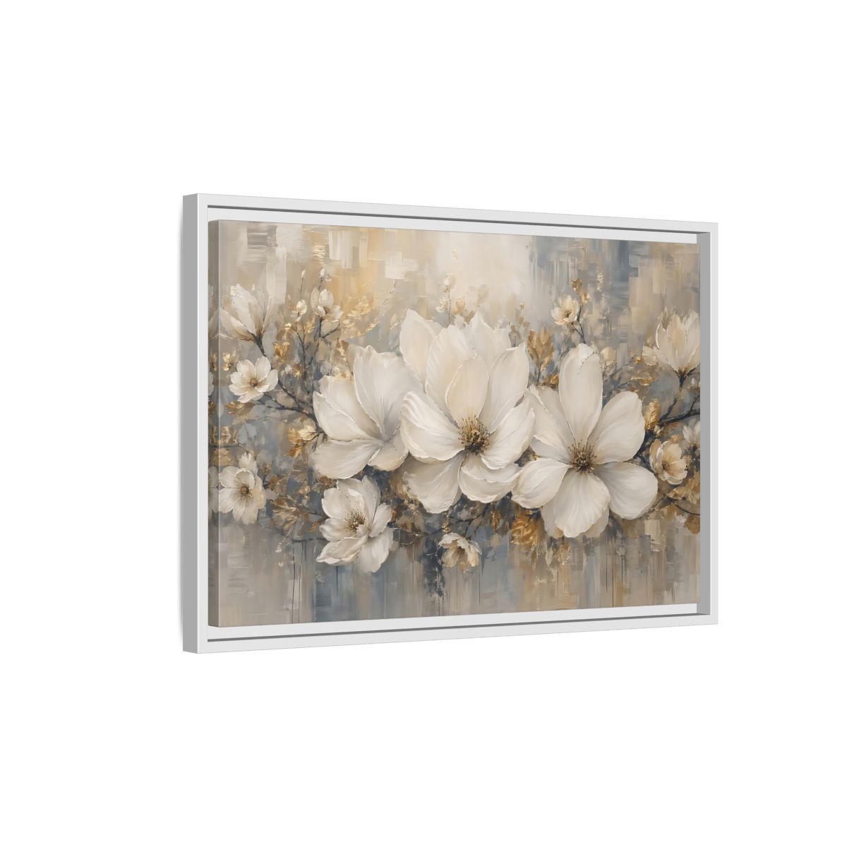Side Mockup 1. Floral Magnolia Flowers White Gold Grey shown as stretched canvas wall art