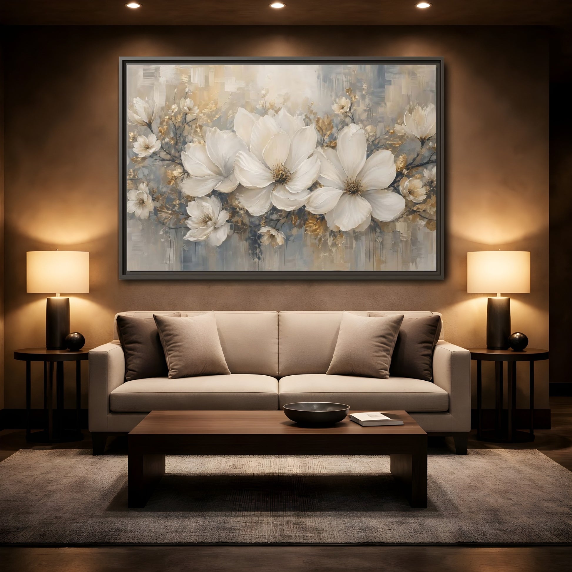 Mockup 2. Floral Magnolia Flowers White Gold Grey shown as stretched canvas wall art
