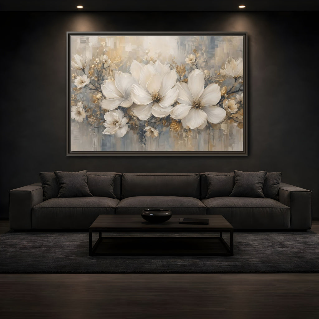 Mockup 3. Floral Magnolia Flowers White Gold Grey shown as stretched canvas wall art