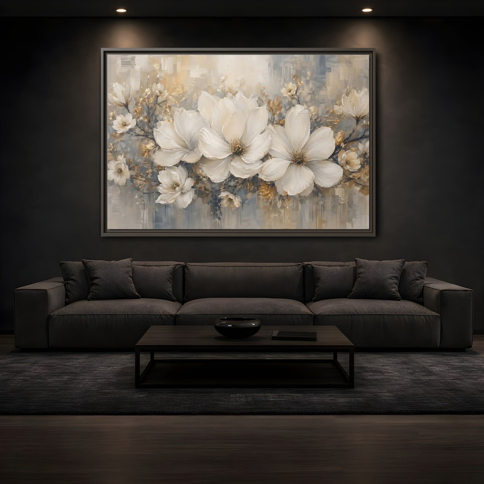 Mockup 3. Floral Magnolia Flowers White Gold Grey shown as stretched canvas wall art