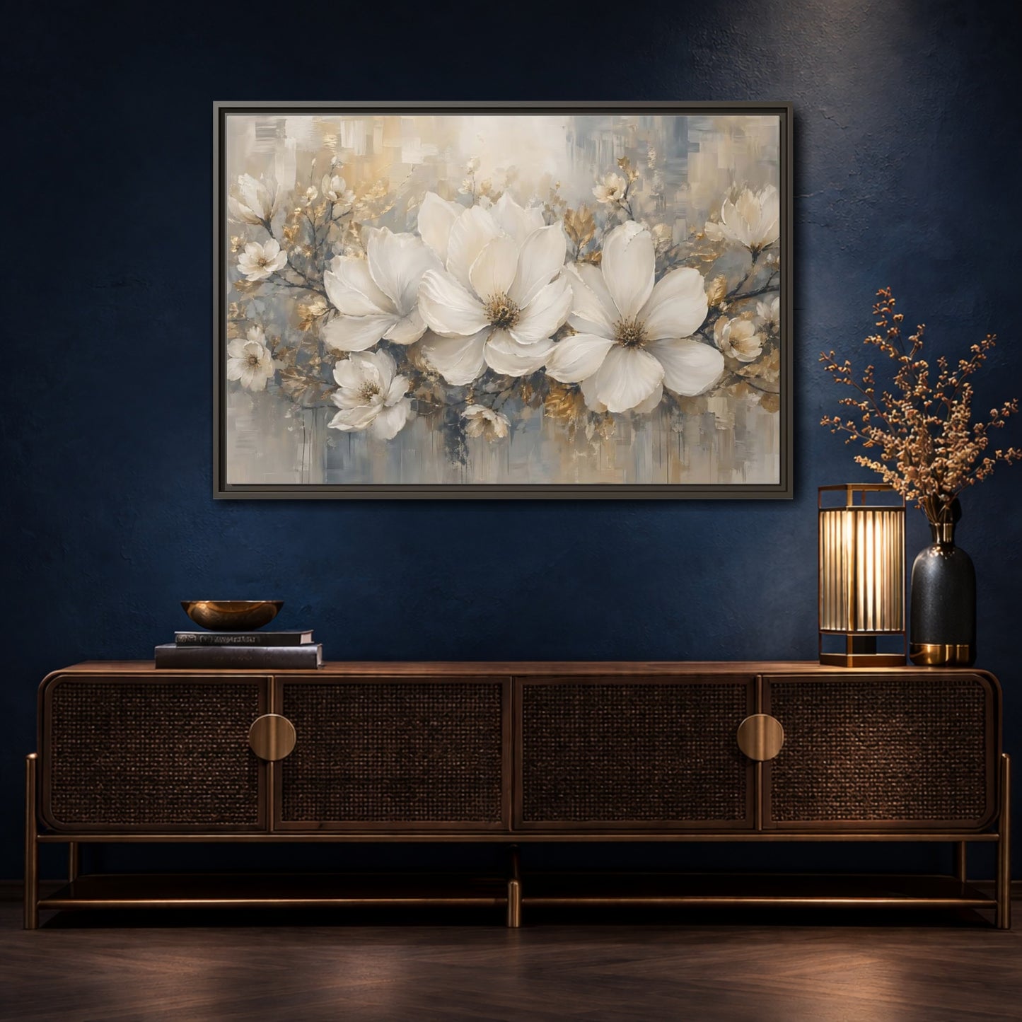Mockup 4. Floral Magnolia Flowers White Gold Grey shown as stretched canvas wall art