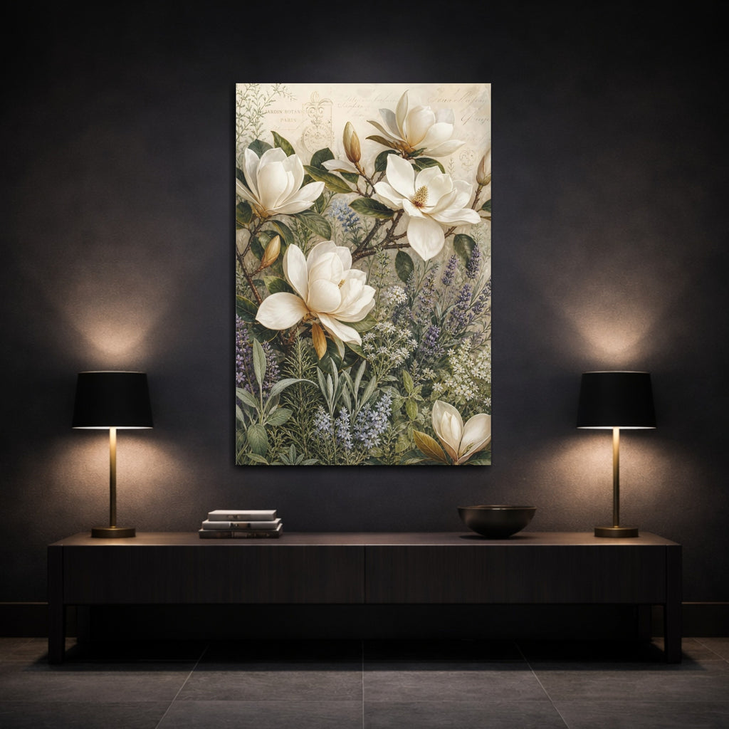 Mockup 3. Floral Magnolia Flowers White Magnolia Floral shown as stretched canvas wall art