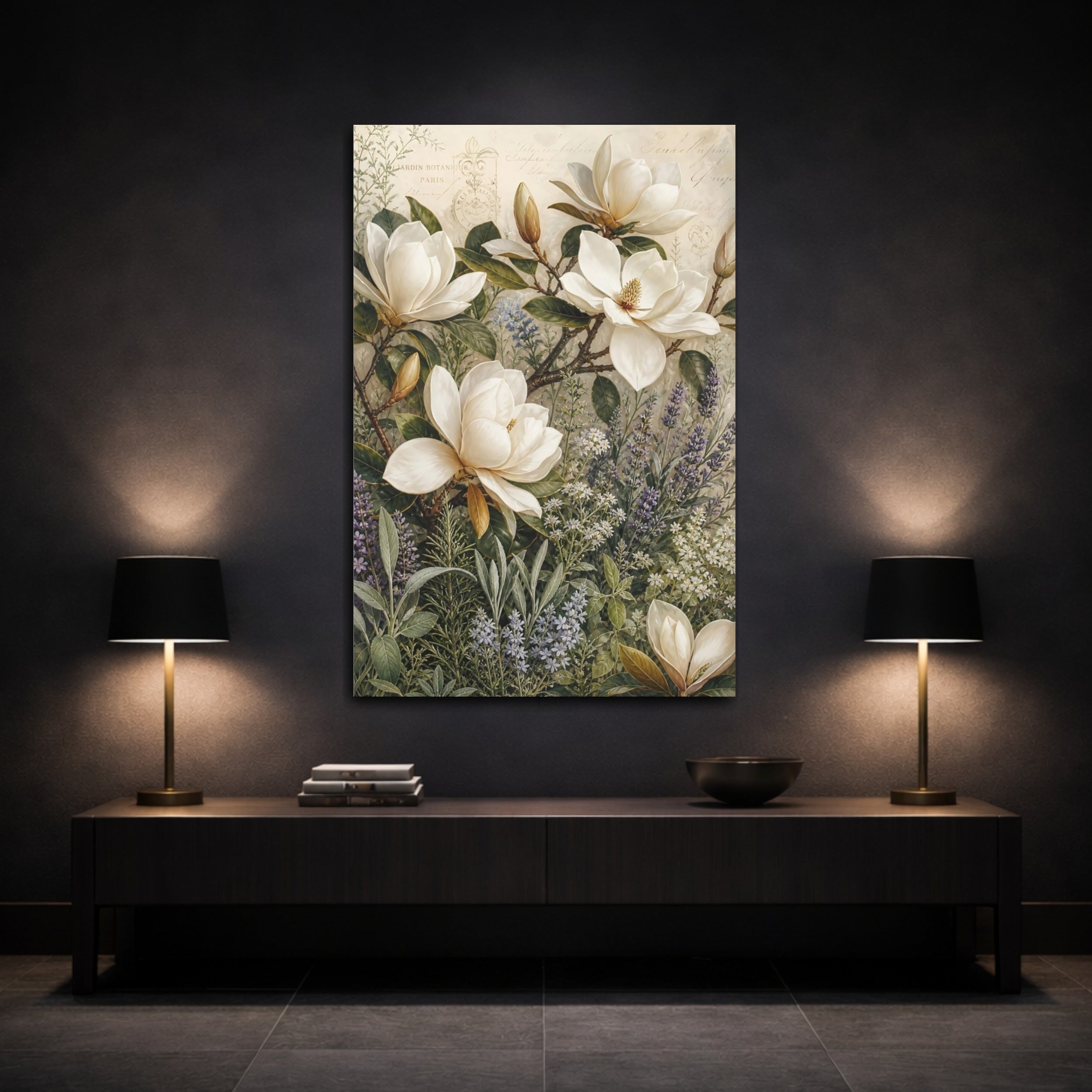 Mockup 3. Floral Magnolia Flowers White Magnolia Floral shown as stretched canvas wall art