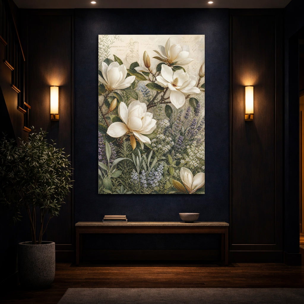 Mockup 4. Floral Magnolia Flowers White Magnolia Floral shown as stretched canvas wall art