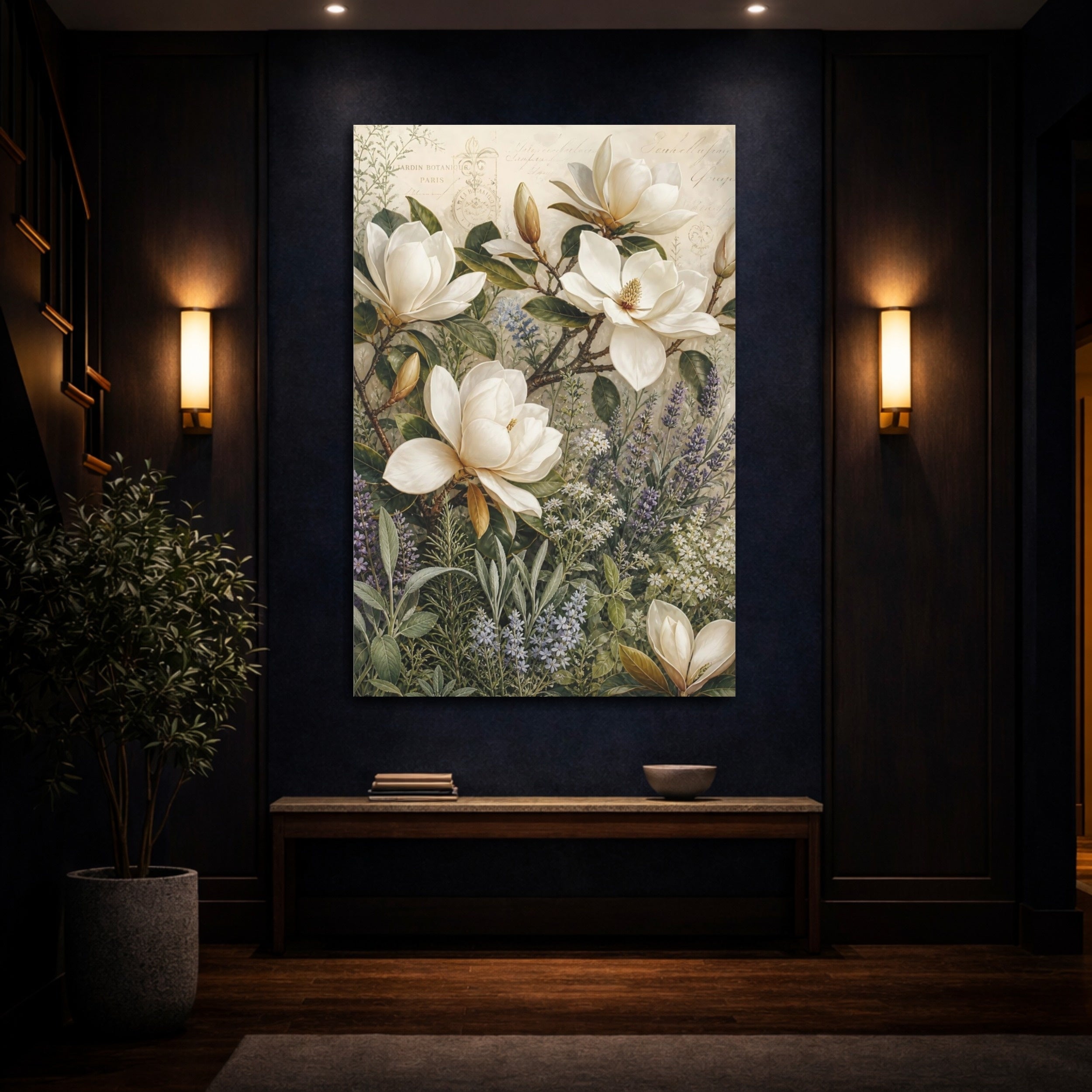 Mockup 4. Floral Magnolia Flowers White Magnolia Floral shown as stretched canvas wall art