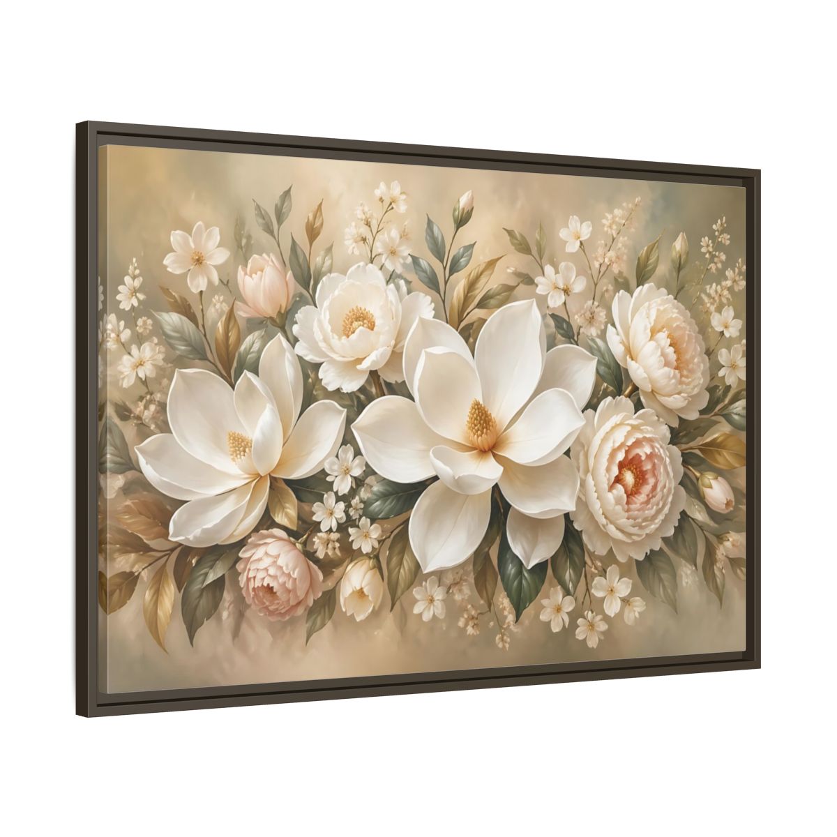 Main Mockup. Floral Magnolia Peony White Pink Floral shown as stretched canvas wall art