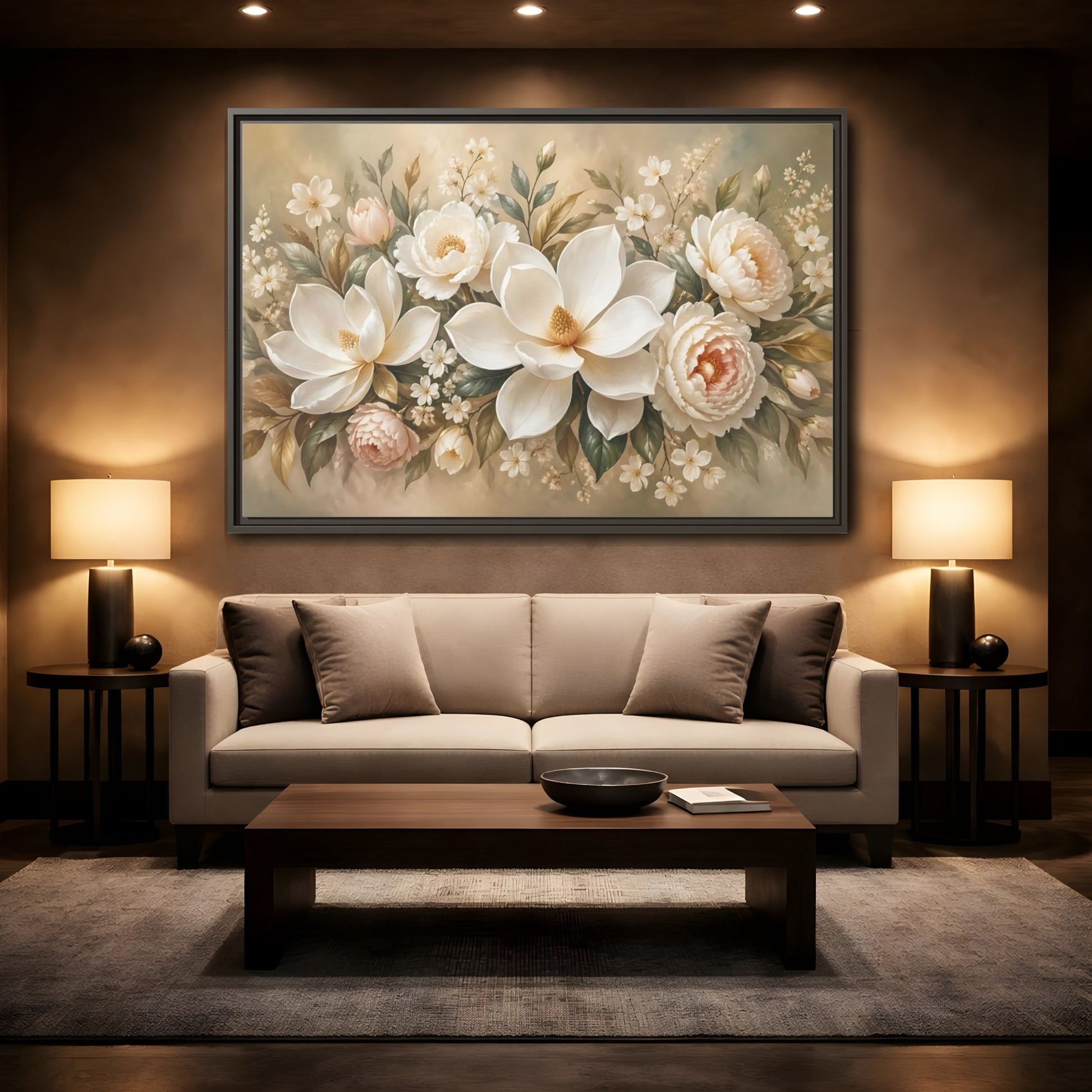 Mockup 2. Floral Magnolia Peony White Pink Floral shown as stretched canvas wall art