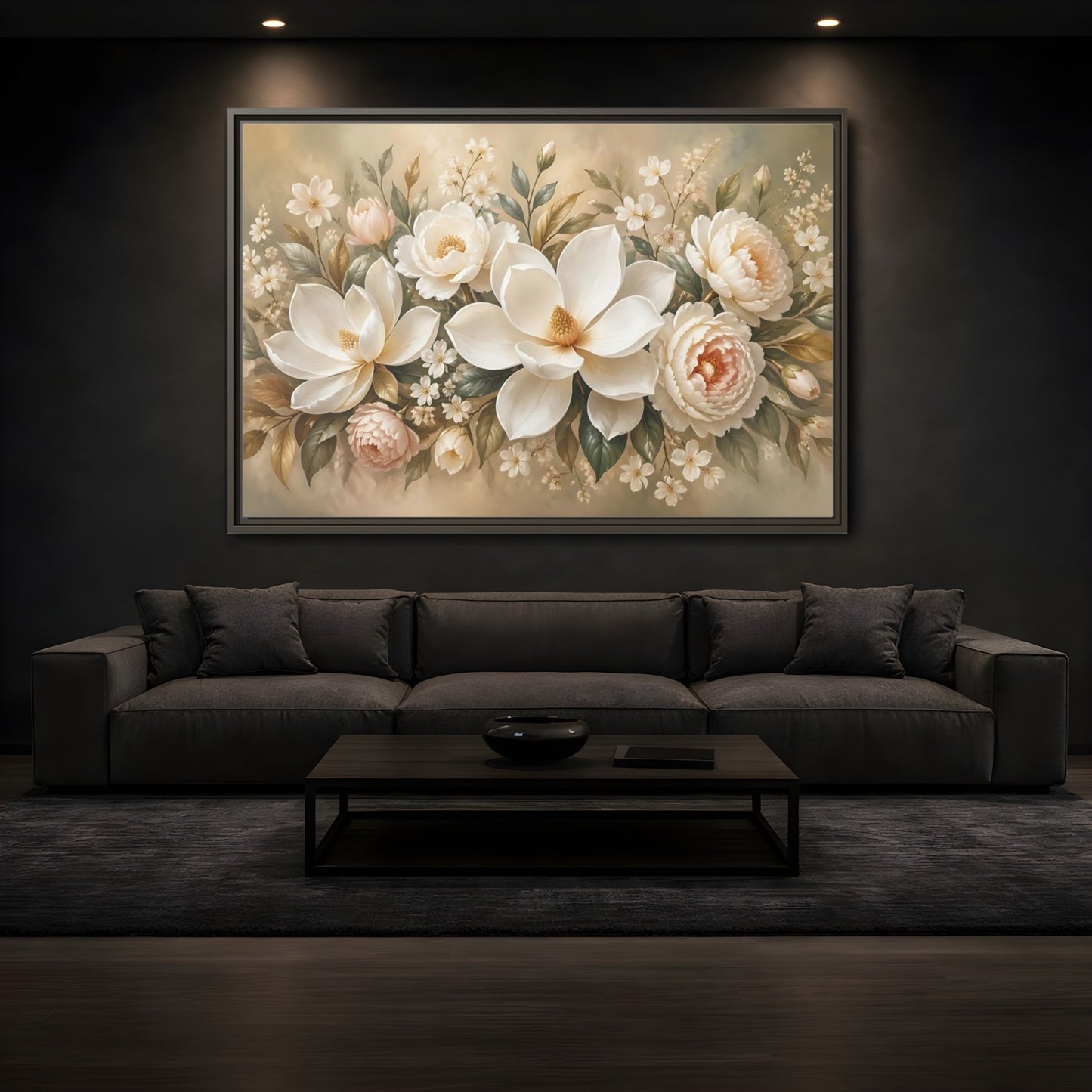 Mockup 3. Floral Magnolia Peony White Pink Floral shown as stretched canvas wall art