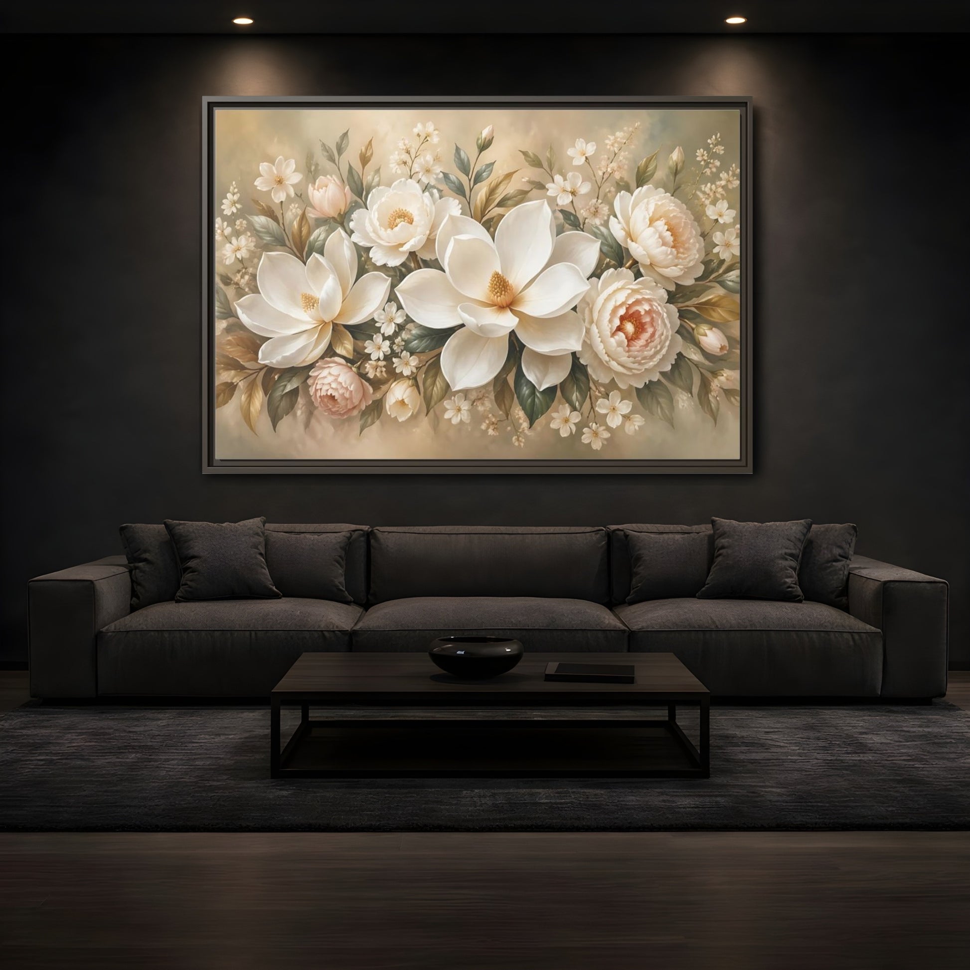 Mockup 3. Floral Magnolia Peony White Pink Floral shown as stretched canvas wall art