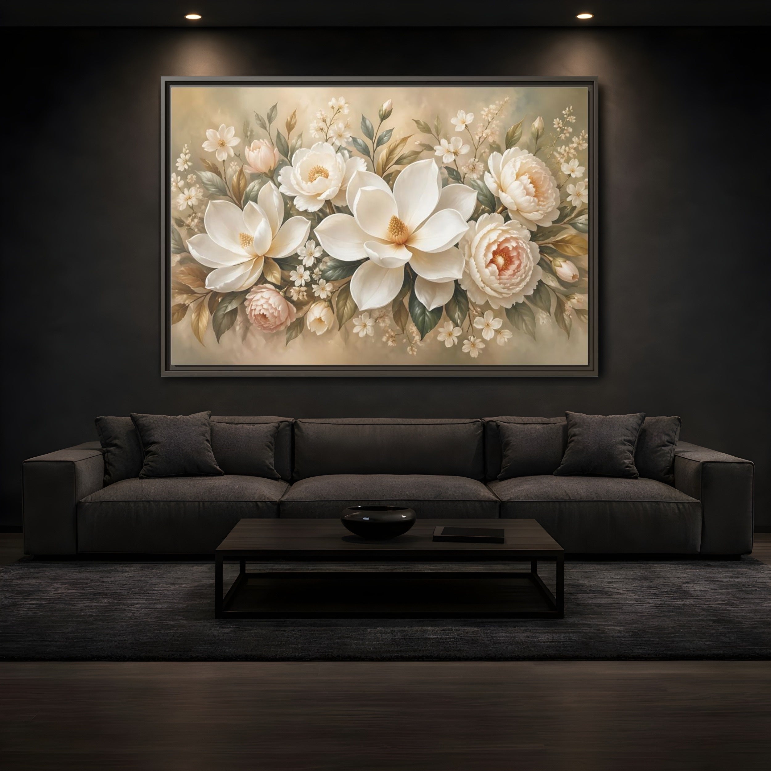 Mockup 3. Floral Magnolia Peony White Pink Floral shown as stretched canvas wall art