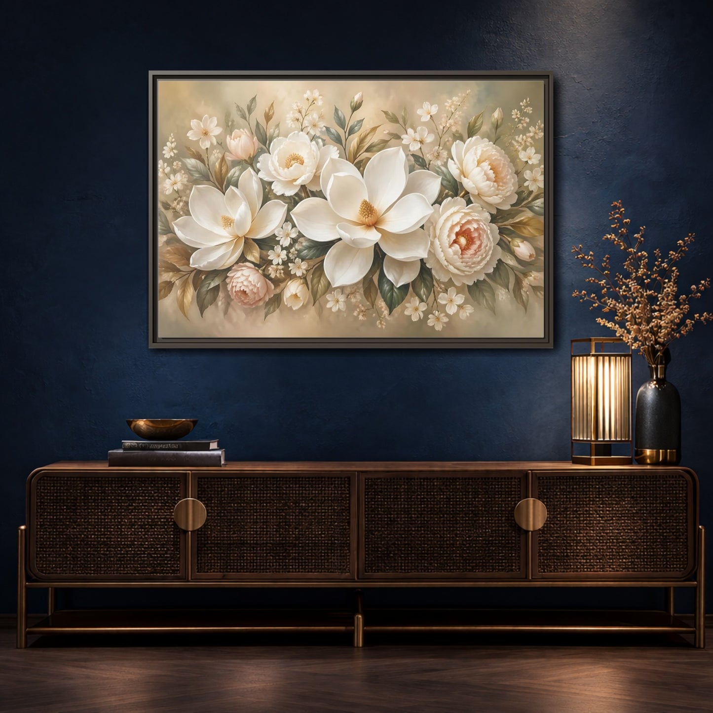 Mockup 4. Floral Magnolia Peony White Pink Floral shown as stretched canvas wall art