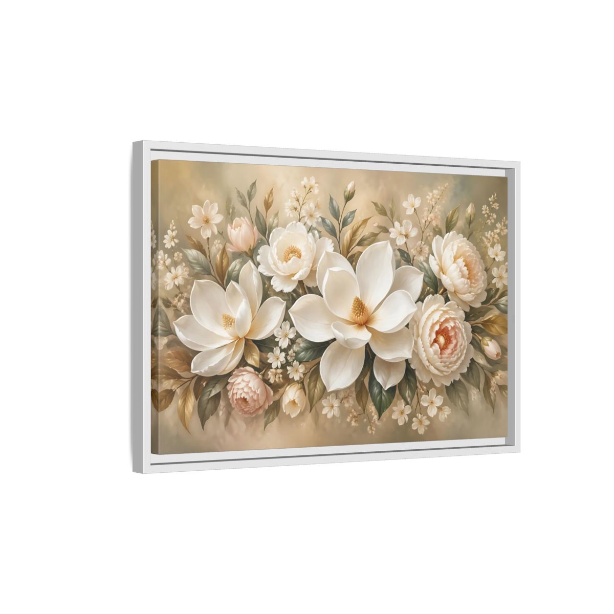 Side Mockup 1. Floral Magnolia Peony White Pink Floral shown as stretched canvas wall art