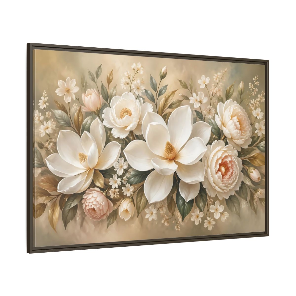 Side Mockup 8. Floral Magnolia Peony White Pink Floral shown as stretched canvas wall art