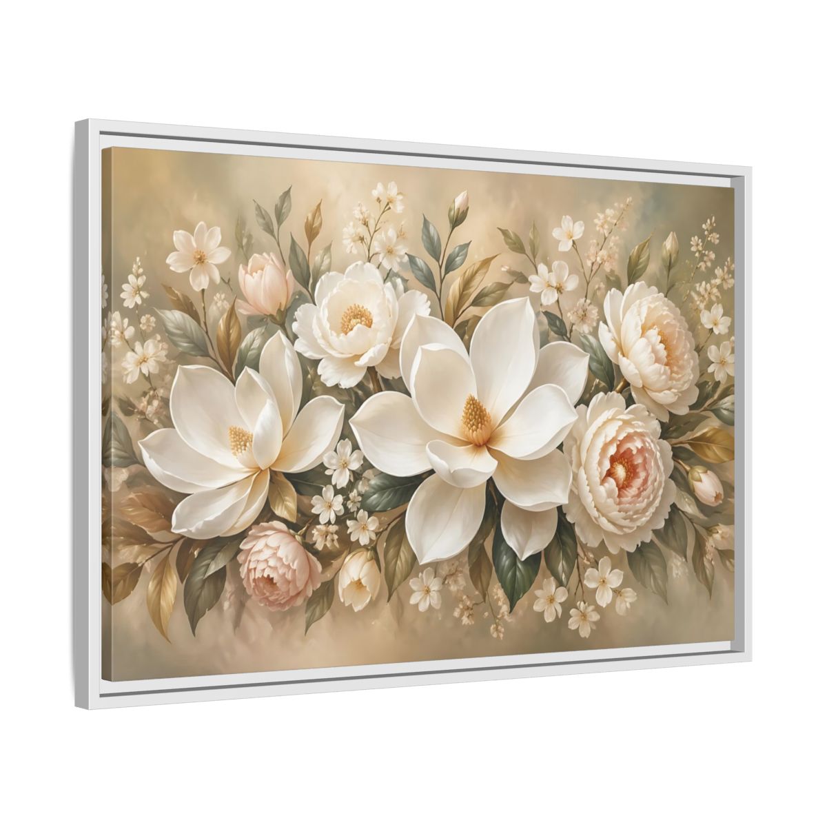 Side Mockup 10. Floral Magnolia Peony White Pink Floral shown as stretched canvas wall art