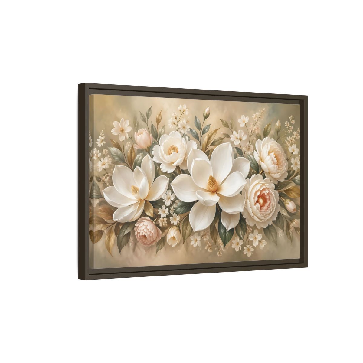Side Mockup 2. Floral Magnolia Peony White Pink Floral shown as stretched canvas wall art