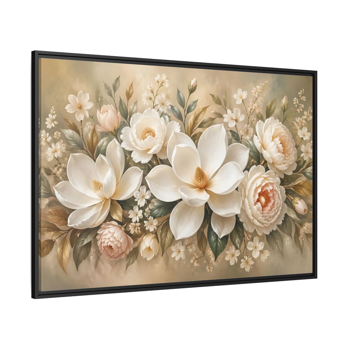 Side Mockup 12. Floral Magnolia Peony White Pink Floral shown as stretched canvas wall art