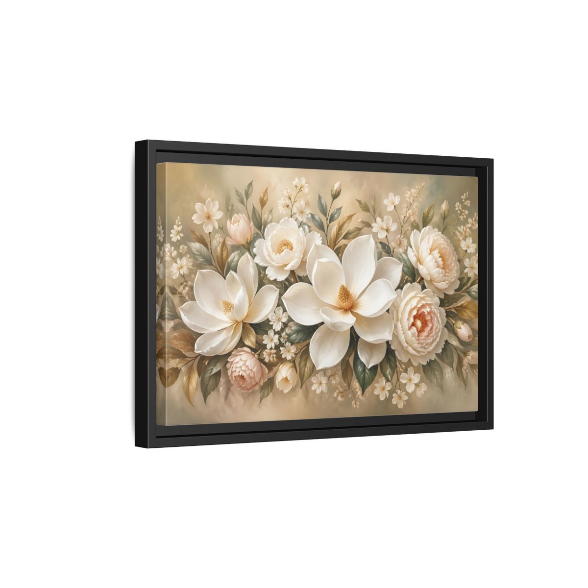 Side Mockup 6. Floral Magnolia Peony White Pink Floral shown as stretched canvas wall art