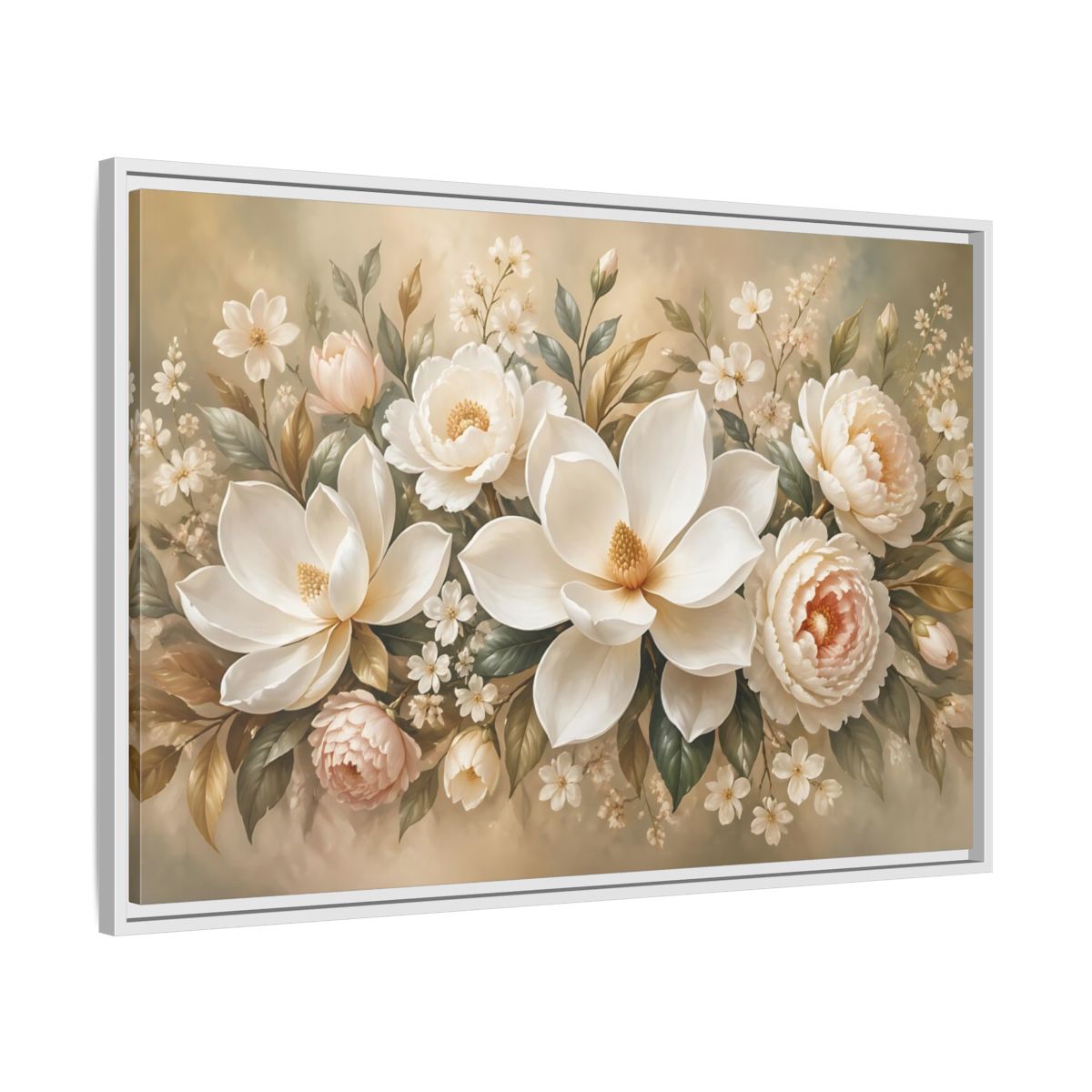 Side Mockup 9. Floral Magnolia Peony White Pink Floral shown as stretched canvas wall art