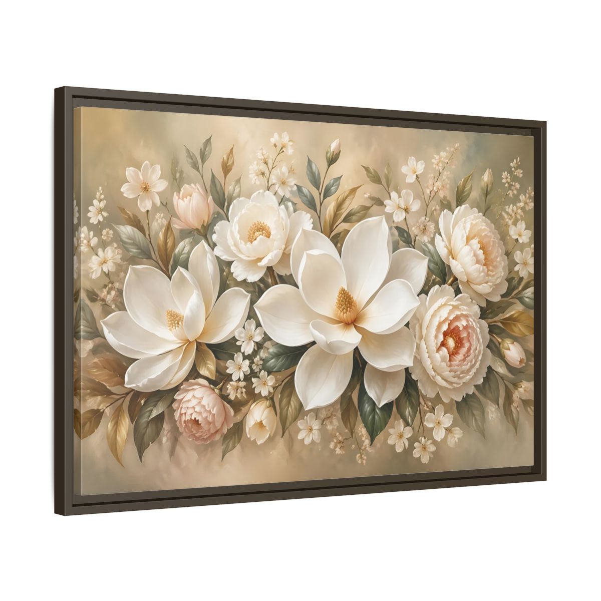 Side Mockup 11. Floral Magnolia Peony White Pink Floral shown as stretched canvas wall art