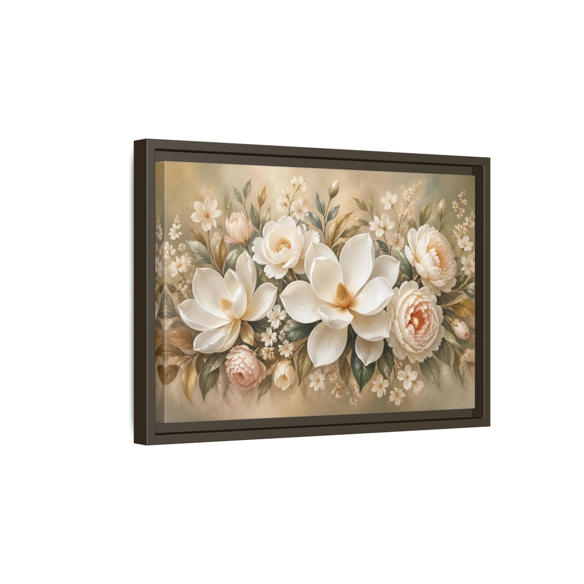 Side Mockup 5. Floral Magnolia Peony White Pink Floral shown as stretched canvas wall art