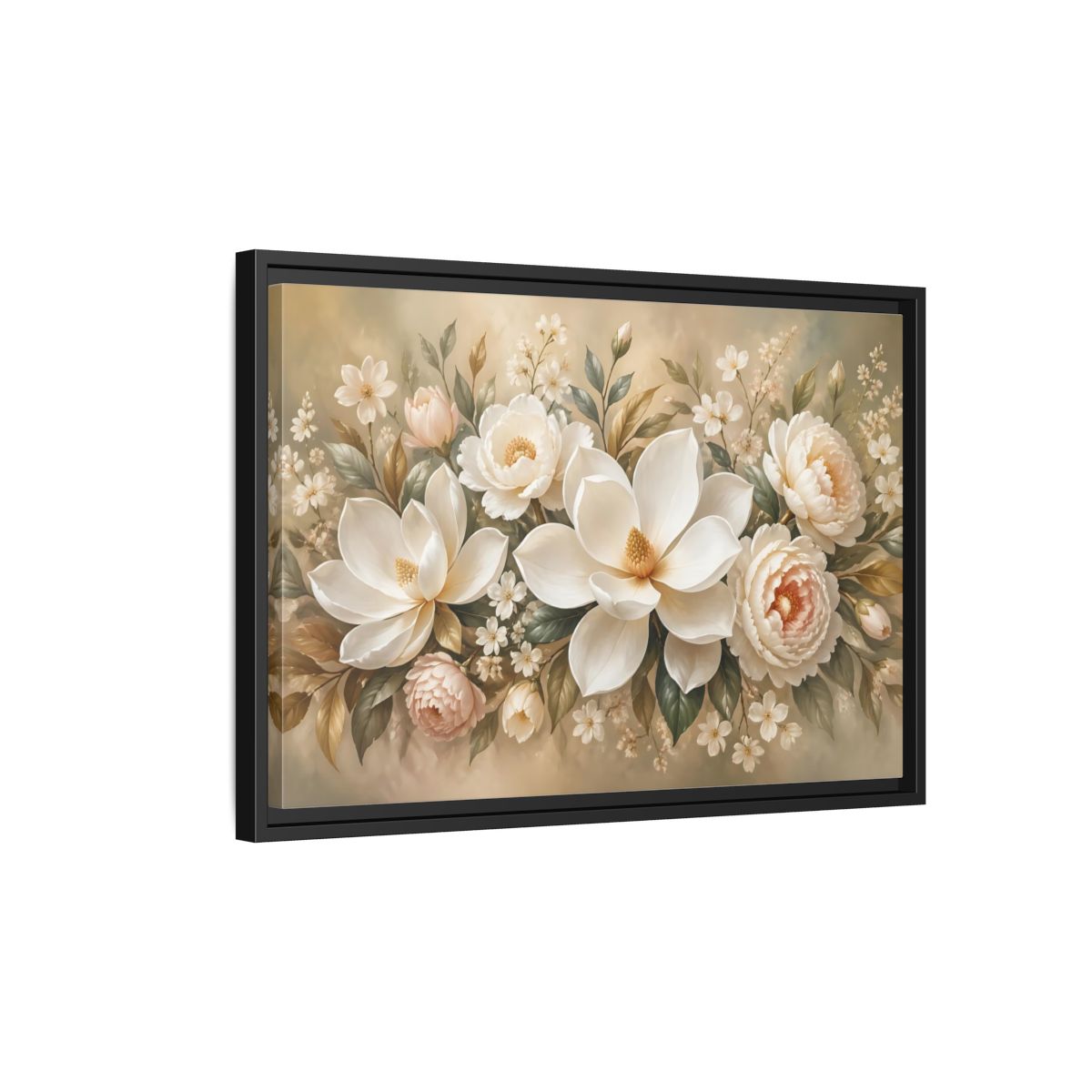 Side Mockup 3. Floral Magnolia Peony White Pink Floral shown as stretched canvas wall art