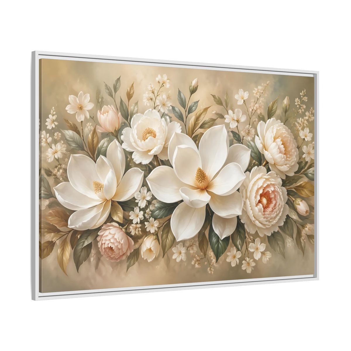 Side Mockup 7. Floral Magnolia Peony White Pink Floral shown as stretched canvas wall art