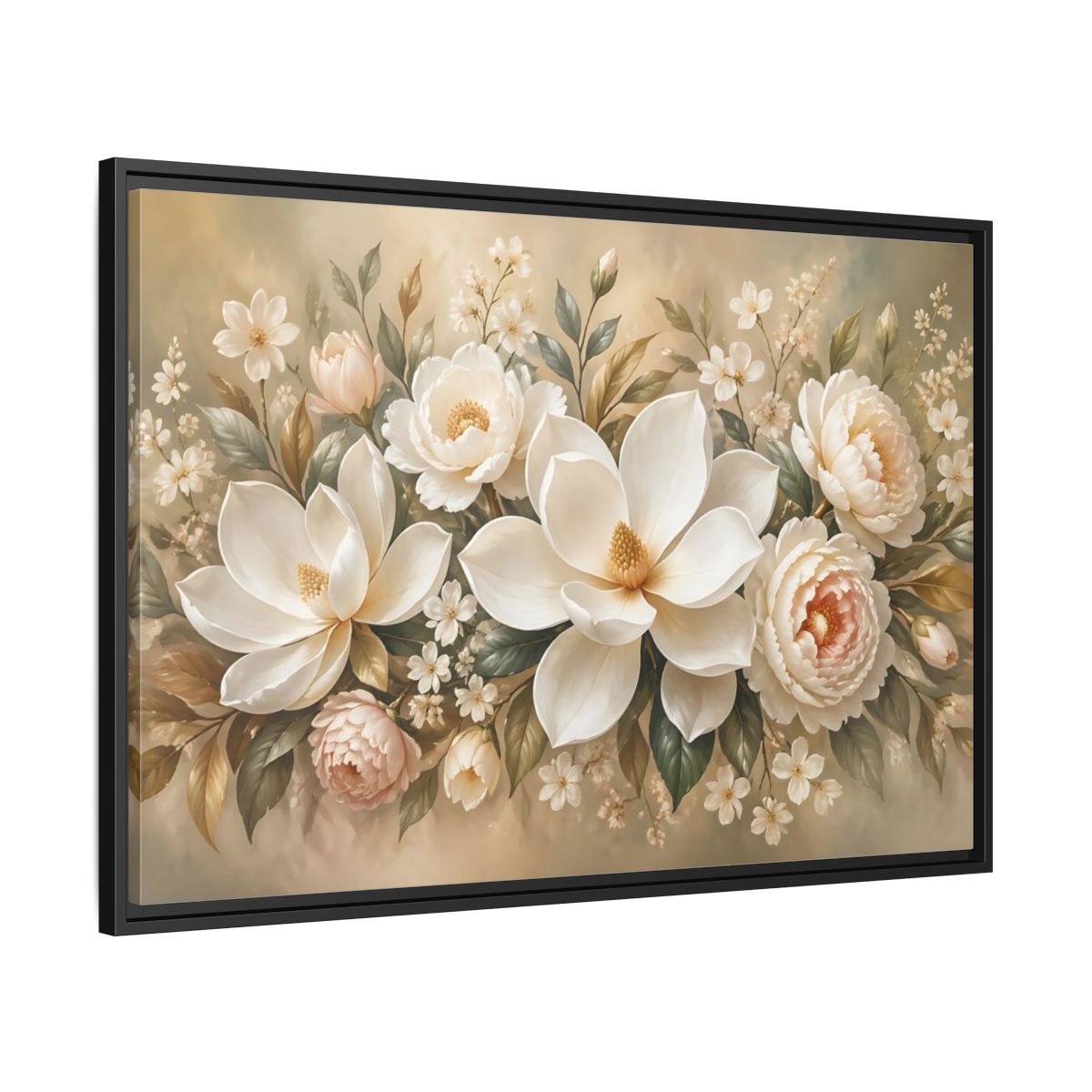 Side Mockup 13. Floral Magnolia Peony White Pink Floral shown as stretched canvas wall art