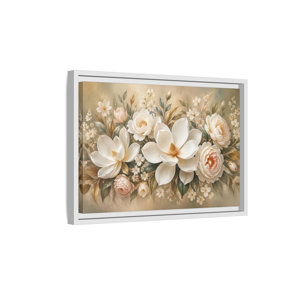 Side Mockup 4. Floral Magnolia Peony White Pink Floral shown as stretched canvas wall art