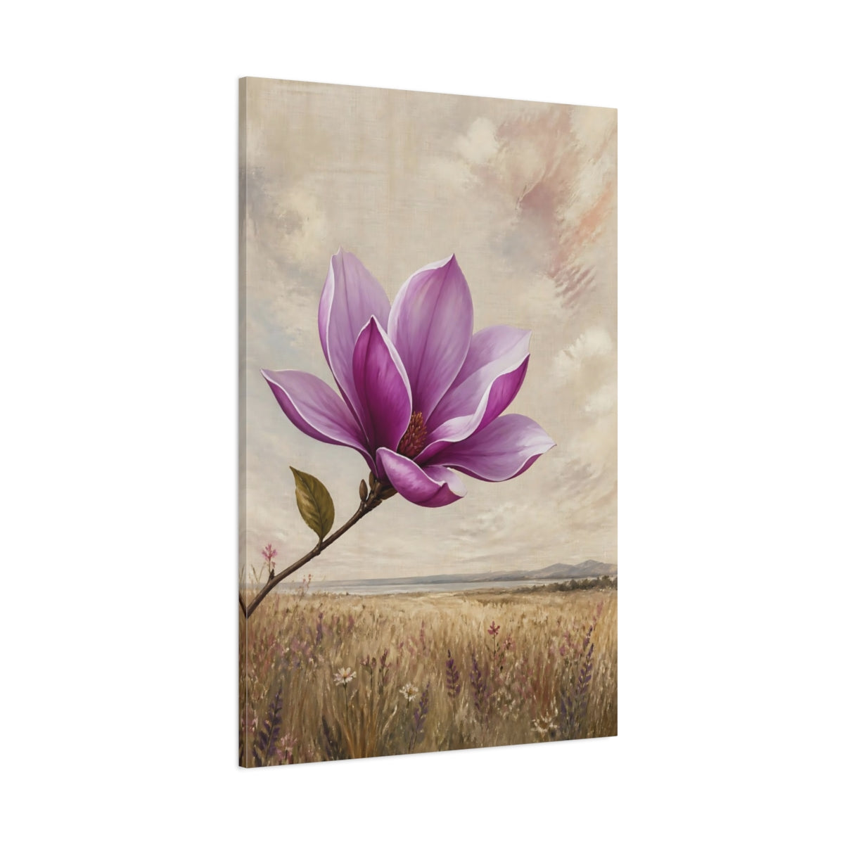 Side Mockup 1. Floral Magnolia Purple Magnolia shown as stretched canvas wall art