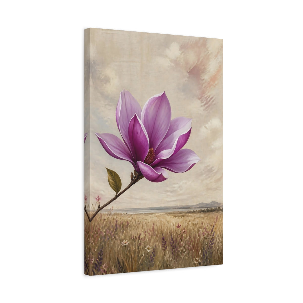 Side Mockup 3. Floral Magnolia Purple Magnolia shown as stretched canvas wall art