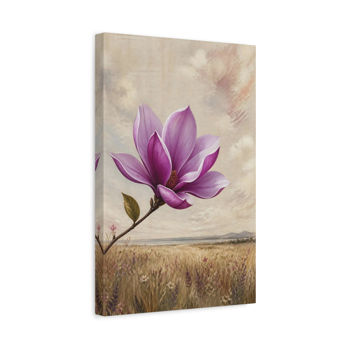 Side Mockup 4. Floral Magnolia Purple Magnolia shown as stretched canvas wall art