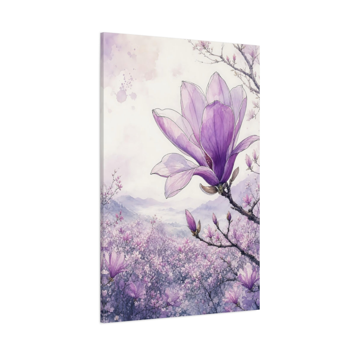 Side Mockup 1. Floral Magnolia Purple Magnolia shown as stretched canvas wall art