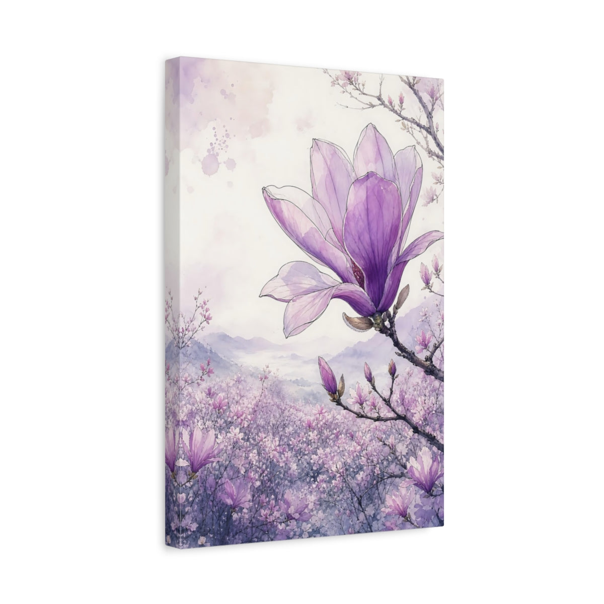 Side Mockup 4. Floral Magnolia Purple Magnolia shown as stretched canvas wall art