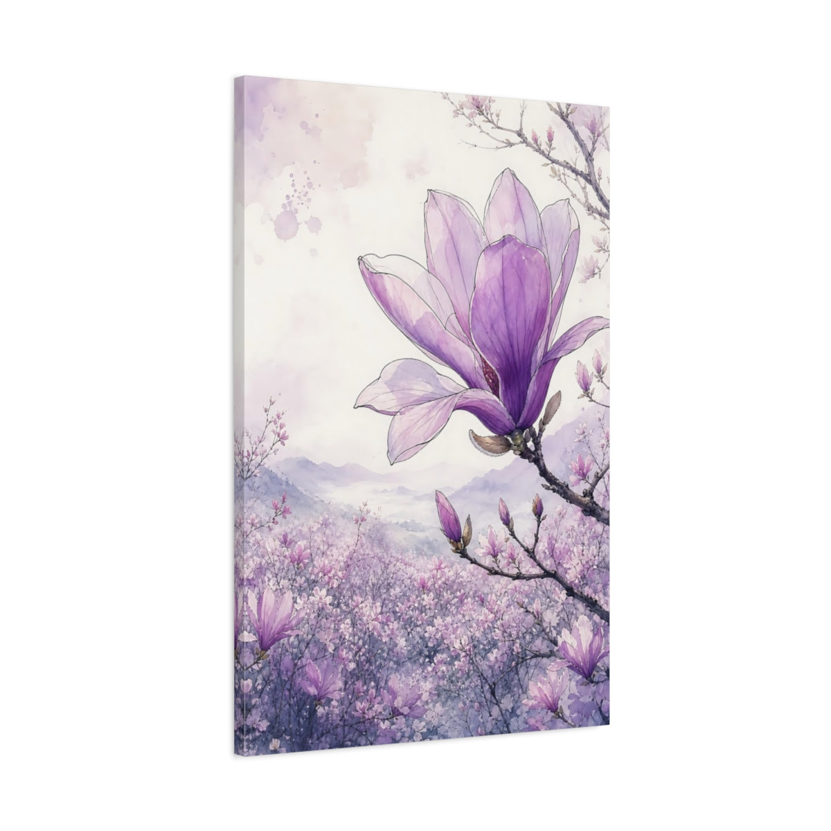 Main Mockup. Floral Magnolia Purple Magnolia shown as stretched canvas wall art